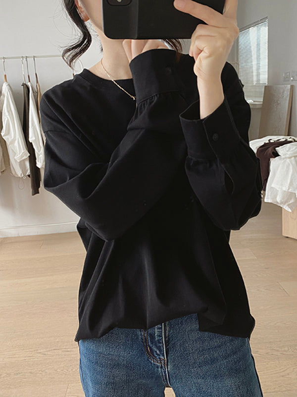 Long Sleeves Loose Solid Color Round-Neck T-Shirts Tops