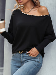 Long Sleeves Loose Asymmetric Beaded One-Shoulder T-Shirts Tops