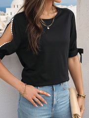 Half Sleeves Loose Hollow Split-Joint Tied Round-Neck T-Shirts Tops