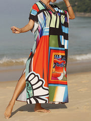 Batwing Sleeves Loose Printed Split-Joint Split-Side V-Neck Maxi Dresses