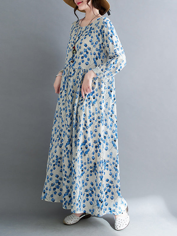 Long Sleeves Loose Flower Print Split-Joint Round-Neck Midi Dresses