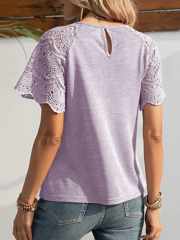 Loose Short Sleeves Hollow Solid Color Split-Joint Round-Neck T-Shirts Tops