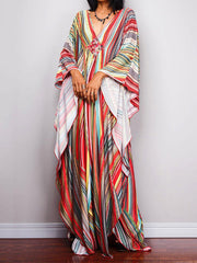 Batwing Sleeves Loose Printed Split-Joint Striped V-Neck Maxi Dresses