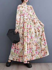 Long Sleeves Loose Pleated Printed Split-Joint Stand Collar Midi Dresses Shirt Dress