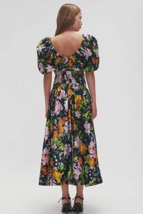 Megan Printed V-neck Puff Sleeve Midi Dress