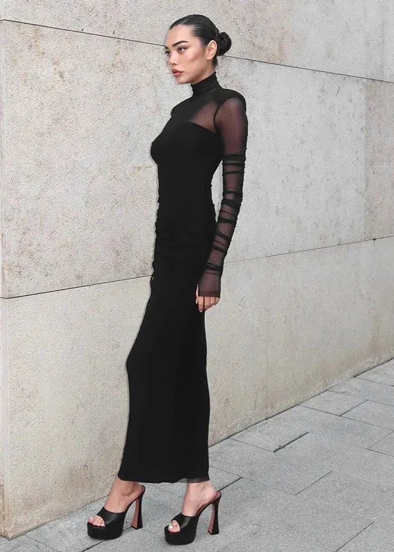 Mesh Stitching Finger Fit Design Long Sleeve Turtleneck Slim-fit Sheath Dress