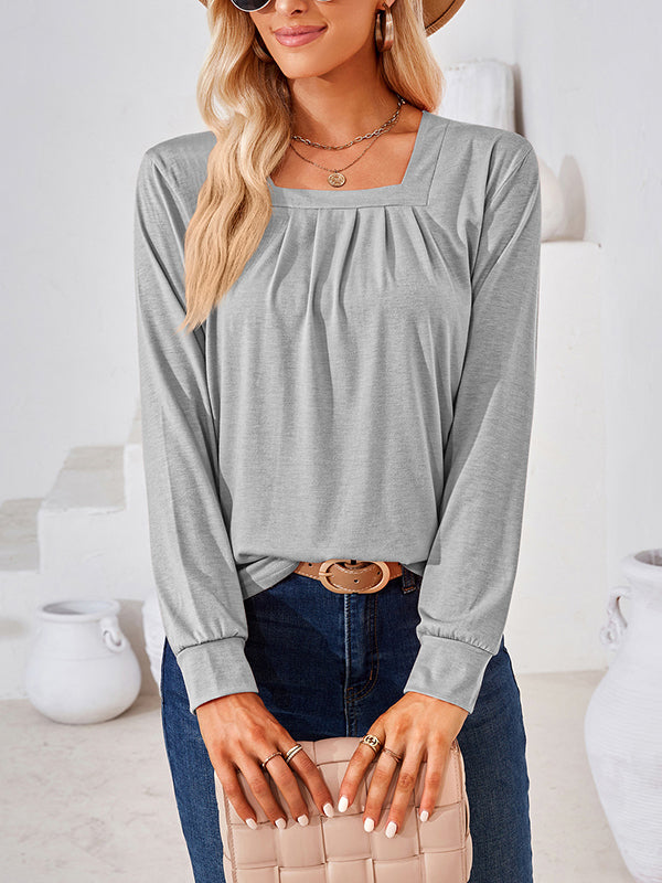 Long Sleeves Loose Pleated Solid Color Square-Neck T-Shirts Tops