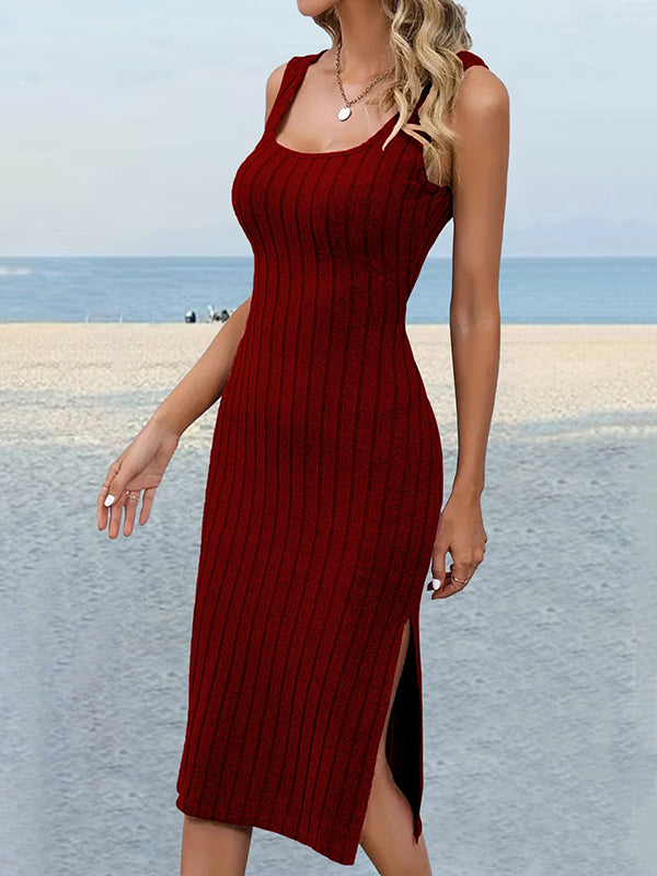 Skinny Sleeveless Solid Color Split-Side Striped U-Neck Midi Dresses