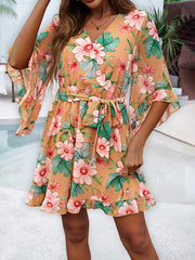 Flared Sleeves Half Sleeves Flower Print Ruffle Trim Split-Joint Tied Waist V-Neck Mini Dresses