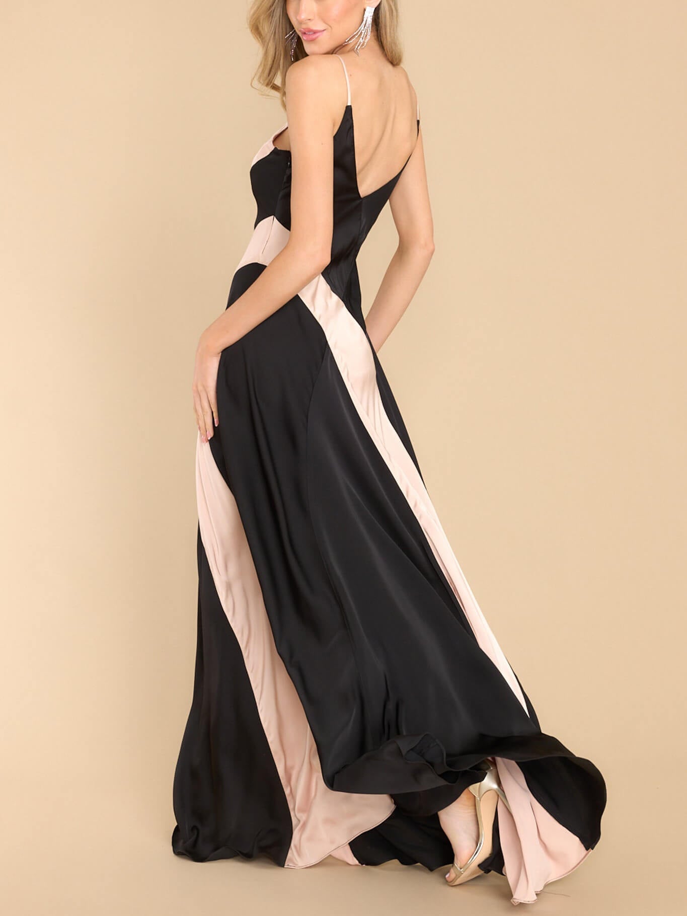 Satin Contrast Black Champagne Maxi Dress