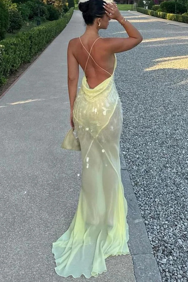 Deep V Neck Sequins Fishtail Hem Backless Gowns Slip Maxi Dresses-Yellow