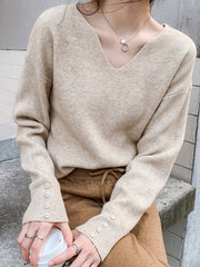 Casual Loose Long Sleeves Solid Color V-Neck Sweater Tops