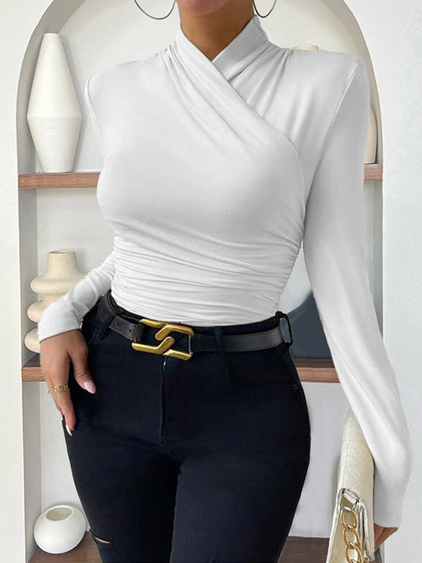 Long Sleeves Skinny Pleated Solid Color Mock Neck T-Shirts Tops