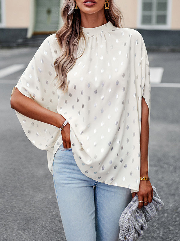 Loose Bandage Polka Dot Round-Neck Blouses&Shirts Tops