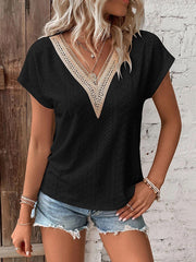 Loose Raglan Sleeve Hollow Jacquard Split-Joint V-Neck T-Shirts Tops