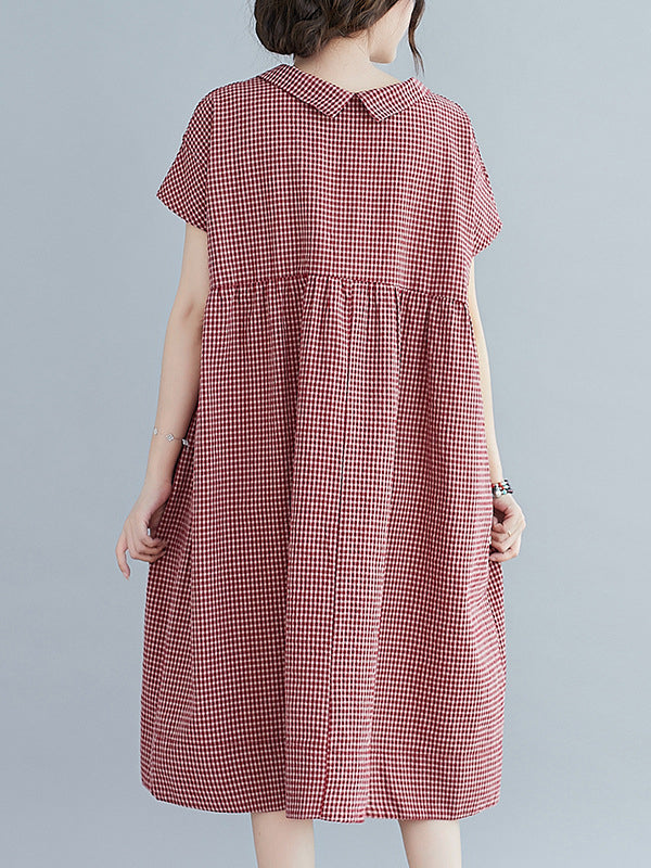 Artistic Retro Loose Plaid Buttoned Lapel Collar Midi Dress