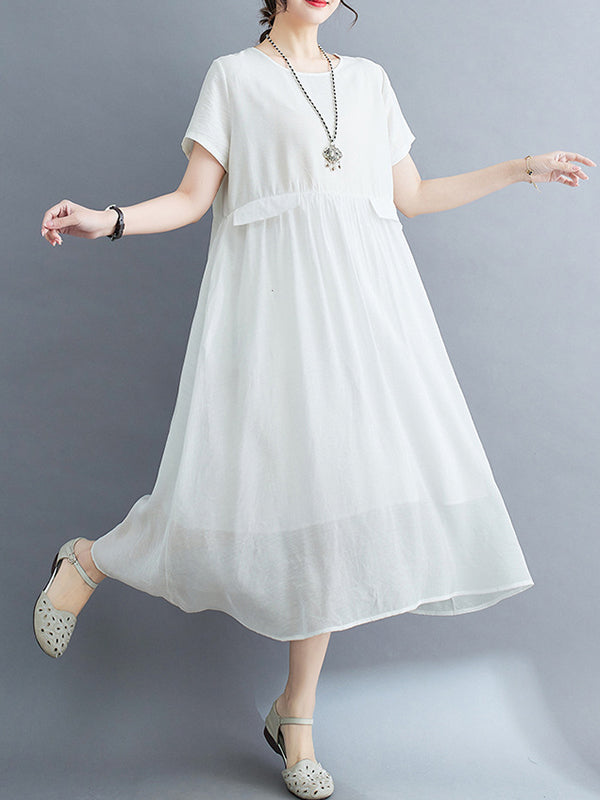 Loose Short Sleeves Gauze Solid Color Split-Joint Round-Neck Midi Dresses