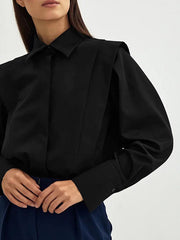 Long Sleeves Loose Buttoned Solid Color Lapel Blouses&Shirts Tops