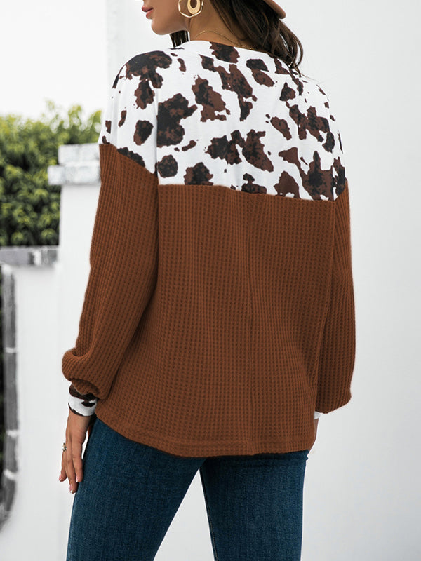 Long Sleeves Loose Buttoned Leopard Printed Split-Joint V-Neck T-Shirts Tops