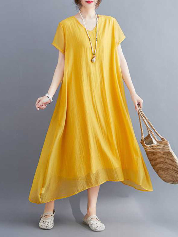 A-Line Loose Solid Color V-Neck Midi Dresses