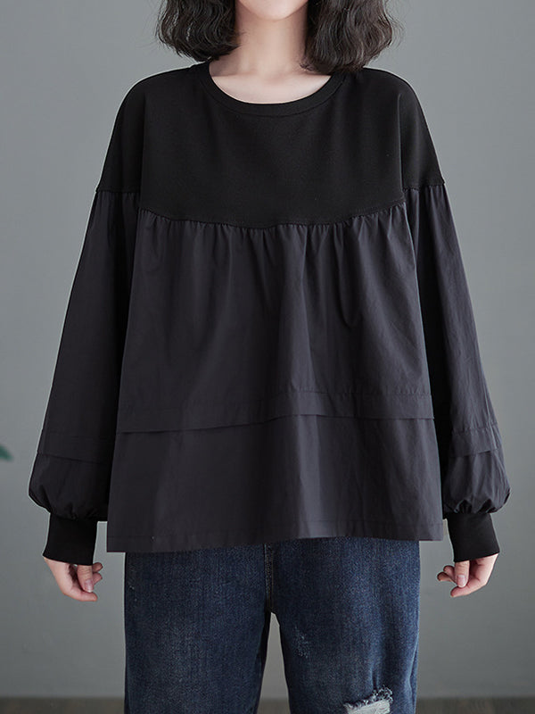 A-Line Long Sleeves Pleated Split-Joint Round-Neck T-Shirts Tops