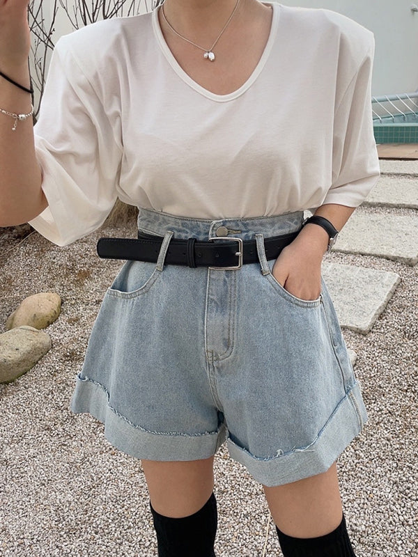 High Waisted Loose Belted Buttoned Pockets Split-Joint Denim Shorts