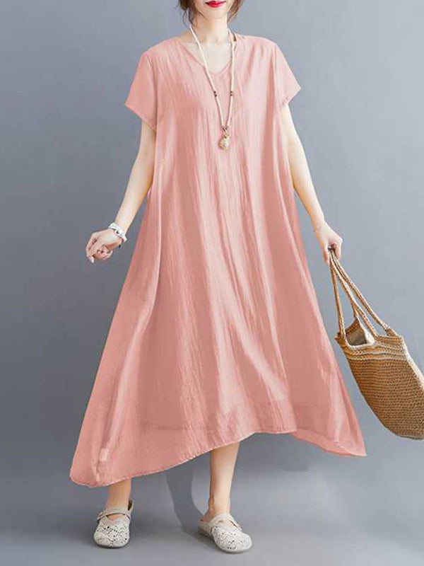 A-Line Loose Solid Color V-Neck Midi Dresses