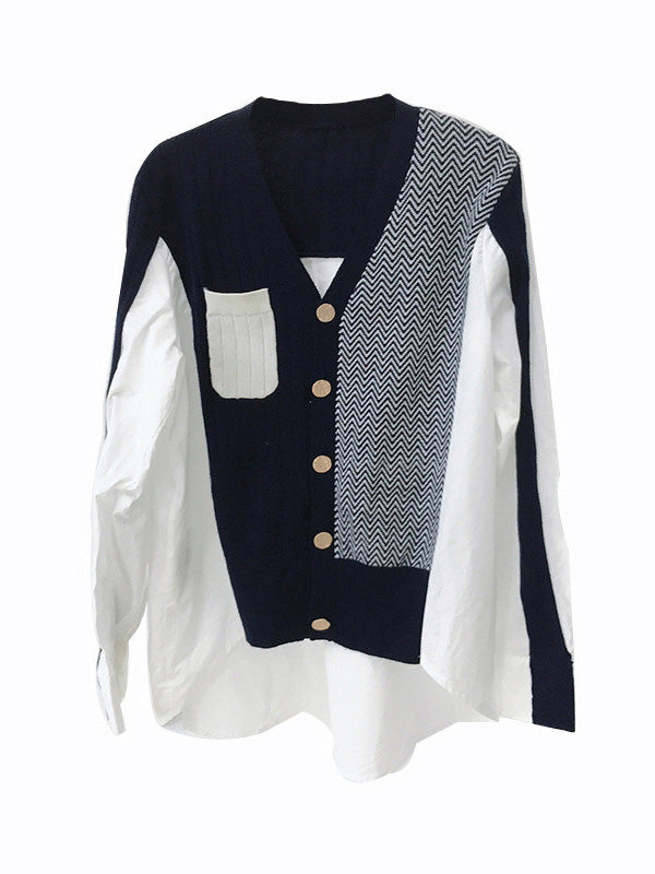 Original Loose Irregular Split-Joint Buttoned V-Neck Long Sleeves Sweater Blouse