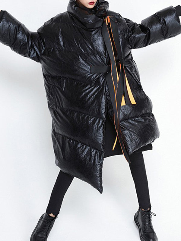 Long Sleeves Loose Asymmetric Keep Warm Tied Velvet High Neck Padded Coat Padded Coat/Down Coat