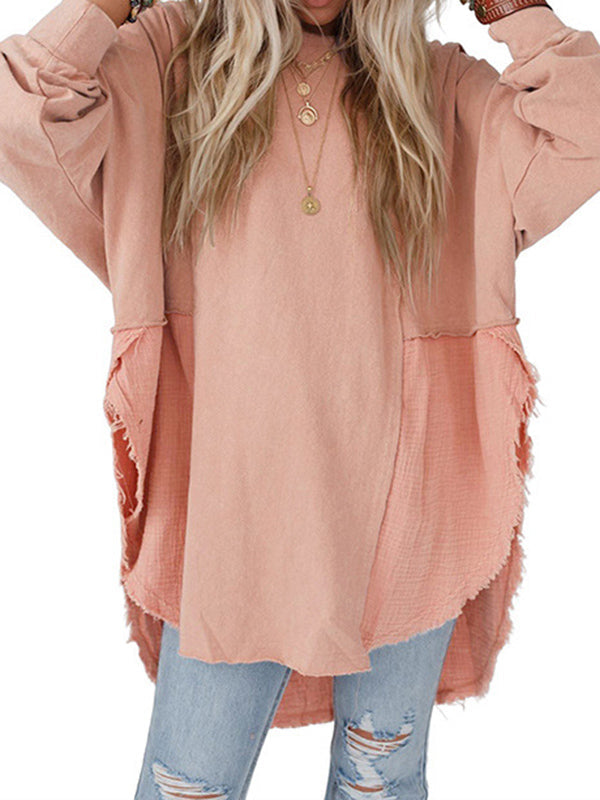 High-Low Long Sleeves Fringed Split-Joint Split-Side Round-Neck Sweatshirt Tops