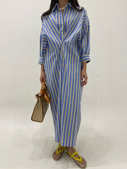 Long Sleeves Loose Buttoned Contrast Color Pockets Striped Lapel Midi Dresses Shirt Dress