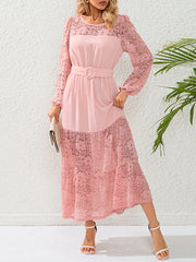 A-Line Long Sleeves Belted Elasticity Mesh Solid Color Split-Joint Round-Neck Maxi Dresses