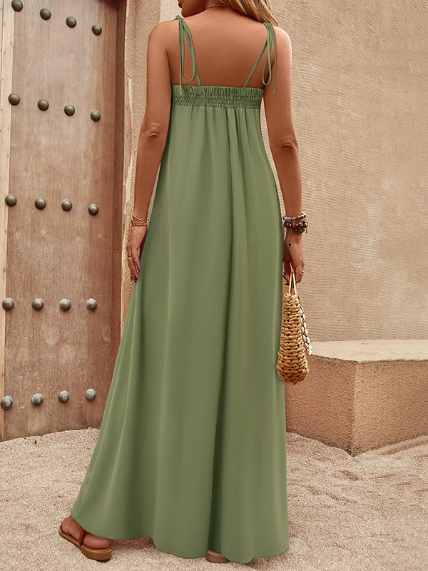 A-Line Loose Elasticity Pleated Solid Color Split-Joint Tied Spaghetti-Neck Maxi Dresses