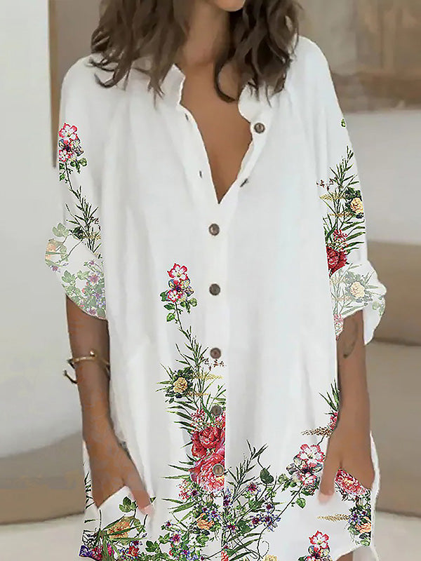 Long Sleeves Loose Buttoned Flower Print Lapel Mini Dresses Shirt Dress