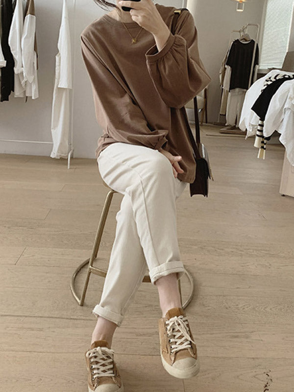 Long Sleeves Loose Pleated Solid Color Round-Neck T-Shirts Tops