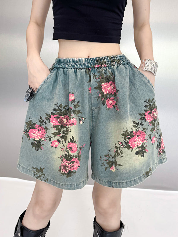 Loose Wide Leg Elasticity Floral Printed Split-Joint Shorts Bottoms