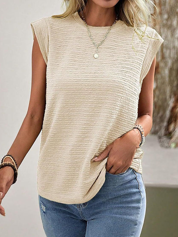 Loose Short Sleeves Pleated Solid Color Split-Joint Round-Neck T-Shirts