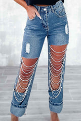 Rhinestone Chain Ripped Jeans