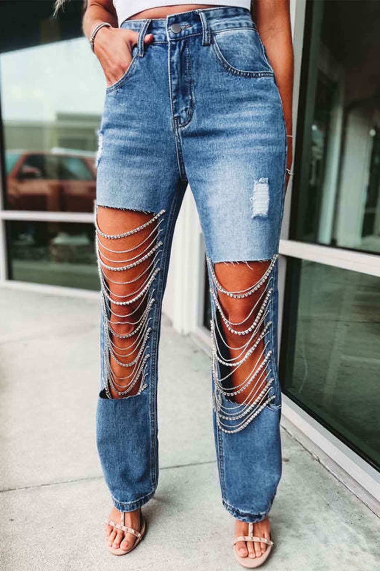 Rhinestone Chain Ripped Jeans