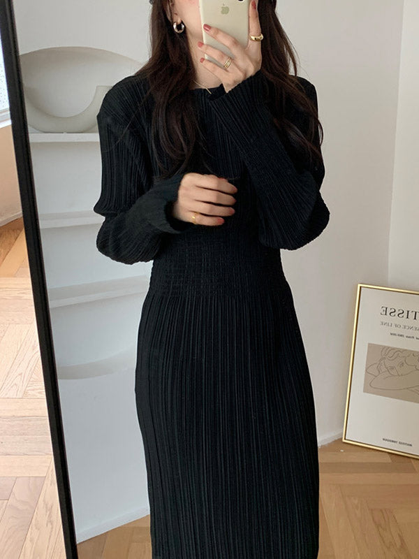 Simple Long Sleeves Black Split-Joint Elasticity Waist Pleated Midi Dress