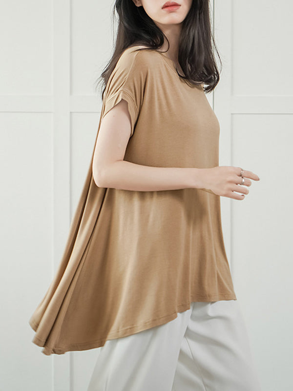 High-Low Loose Asymmetric Solid Color Round-Neck T-Shirts Tops