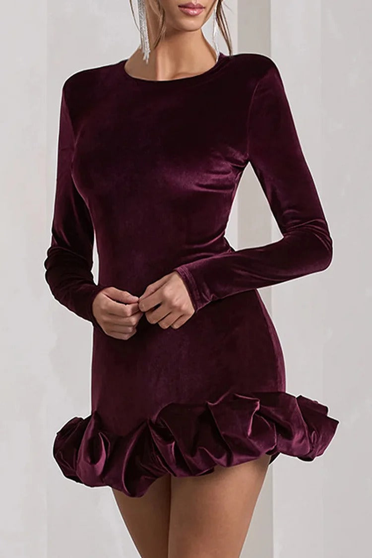 Velvet Round Neck Long Sleeve Ruched Puffy Hem Mini Dresses-Purple