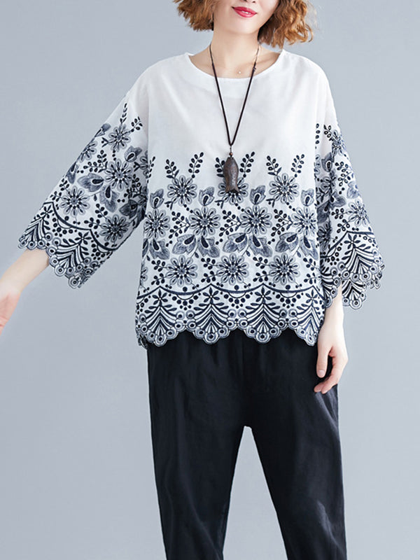 Loose Three-Quarter Sleeves Hollow Print Round-Neck Blouses&Shirts Tops