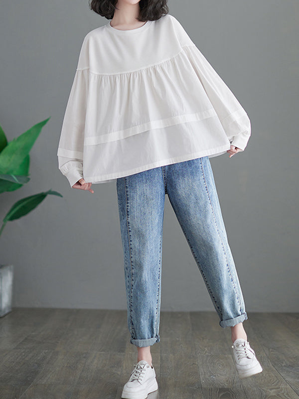 A-Line Long Sleeves Pleated Split-Joint Round-Neck T-Shirts Tops