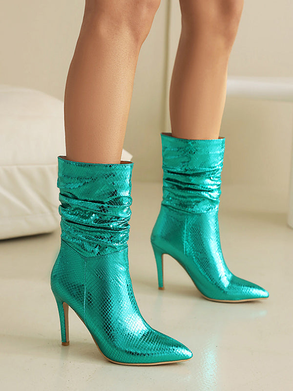 Pleated Snakeskin Printed Solid Color Split-Joint Boots Pumps