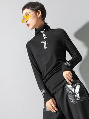 Casual Long Sleeves Skinny Letter Print Solid Color High-Neck T-Shirts Tops