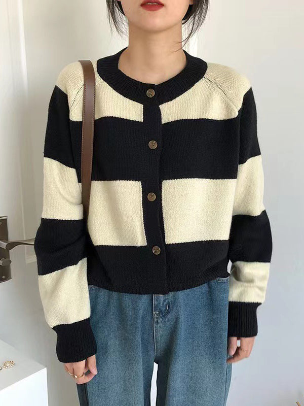 Casual Buttoned Contrast Color Striped Cardigan Tops