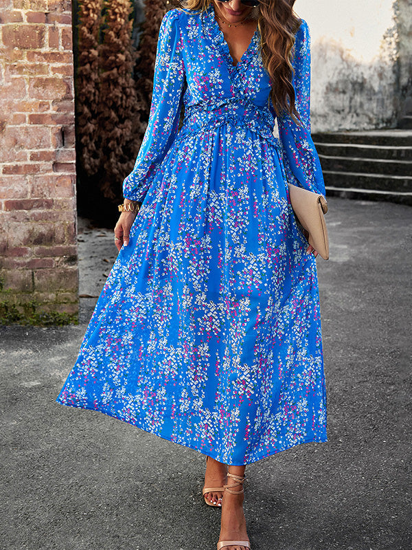 A-Line High Waisted Flower Print Ruffled Split-Joint Deep V-Neck Maxi Dresses