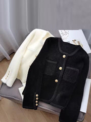 Long Sleeves Loose Buttoned Pockets Velvet Round-Neck Cardigan Tops