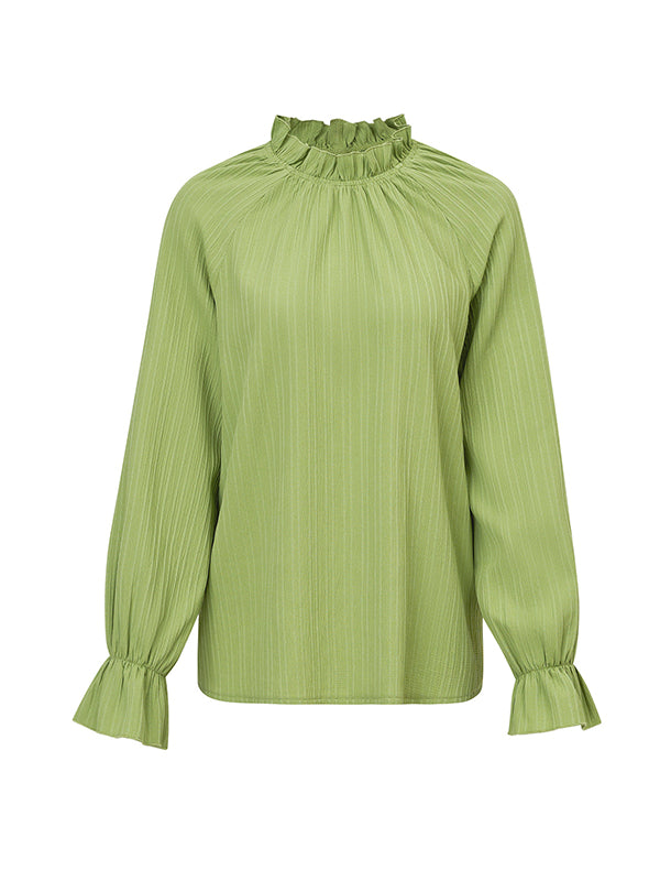 Long Sleeves Ruffle Sleeves Elasticity Ruffled Solid Color Mock Neck T-Shirts Tops